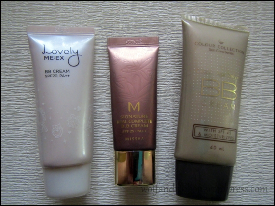 The Face Shop Lovely ME:EX BB Cream, Missha M Signature Real Complete BB Cream, and The Colour Collection coQ10 Age-defying BB Cream
